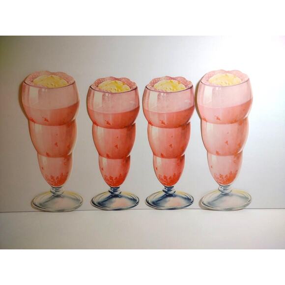 4 Strawberry Milk Shake Ice Cream Soda Floats Diecuts Paper Signs Original 1950s - Picture 2 of 3